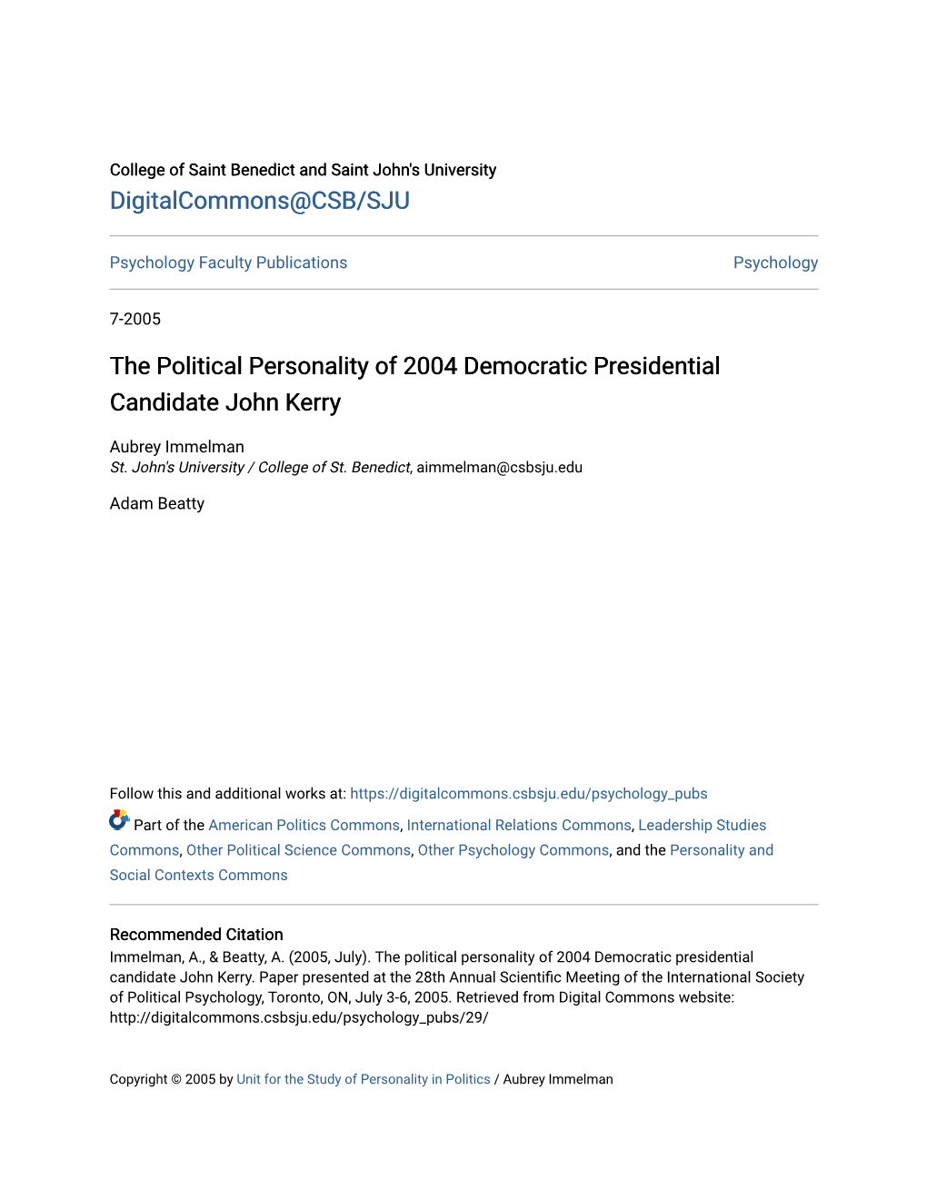 The Political Personality of 2004 Democratic Presidential Candidate John Kerry