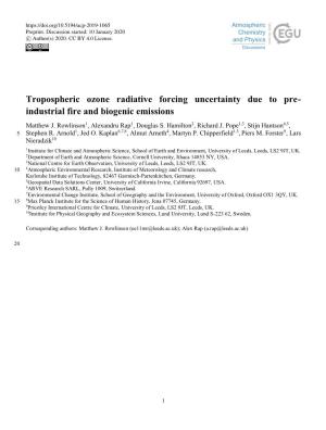 Tropospheric Ozone Radiative Forcing Uncertainty Due to Pre- Industrial Fire and Biogenic Emissions Matthew J