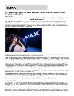 IMAX Rockets to $6.2 Million with "Avatar" Re-Release in China, Capturing a Whopping 30% of Overall Weekend Box Office