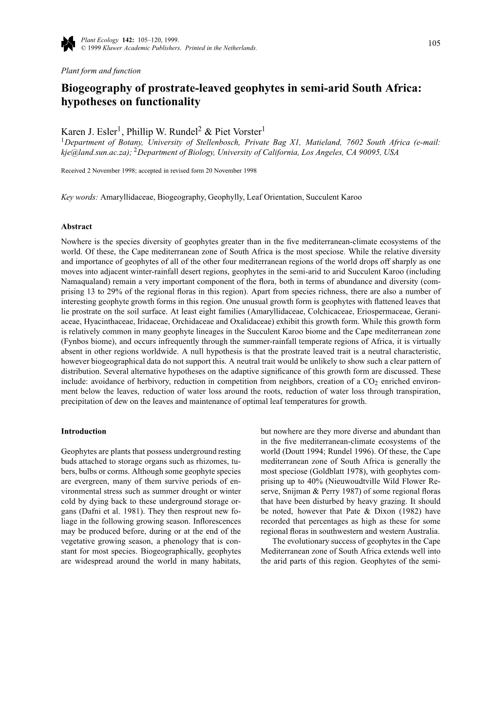 Biogeography of Prostrate-Leaved Geophytes in Semi-Arid South Africa: Hypotheses on Functionality