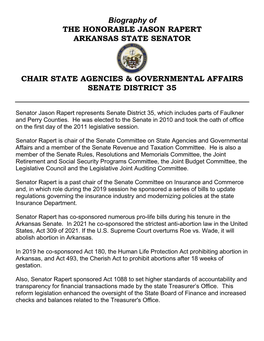 Senator Rapert Is Chair of the Senate Committee on State Agencies and Governmental Affairs and a Member of the Senate Revenue and Taxation Committee