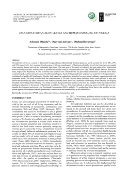 Groundwater: Quality Levels and Human Exposure, Sw Nigeria