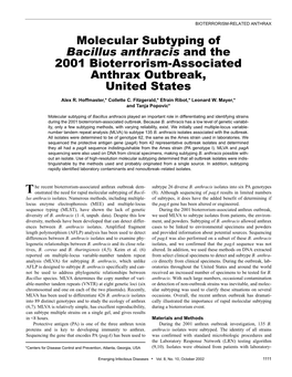 Molecular Subtyping of Bacillus Anthracis and the 2001 Bioterrorism-Associated Anthrax Outbreak, United States Alex R