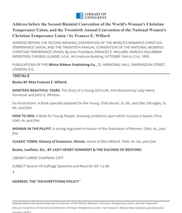 Address Before the Second Biennial Convention of the World's Woman's