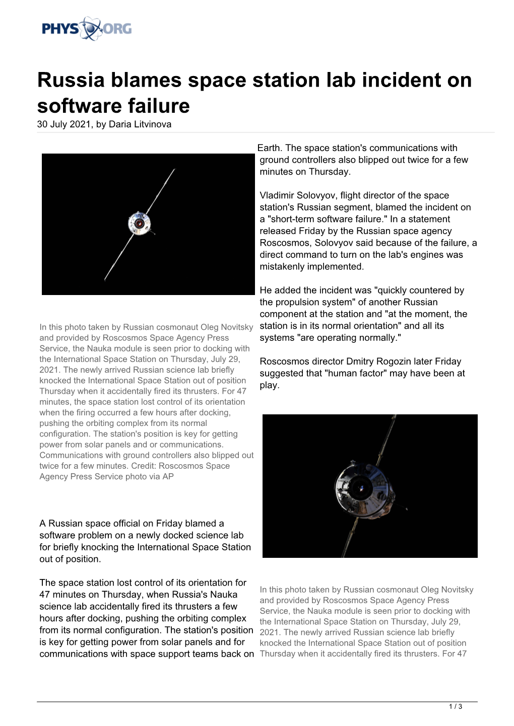 Russia Blames Space Station Lab Incident on Software Failure 30 July 2021, by Daria Litvinova