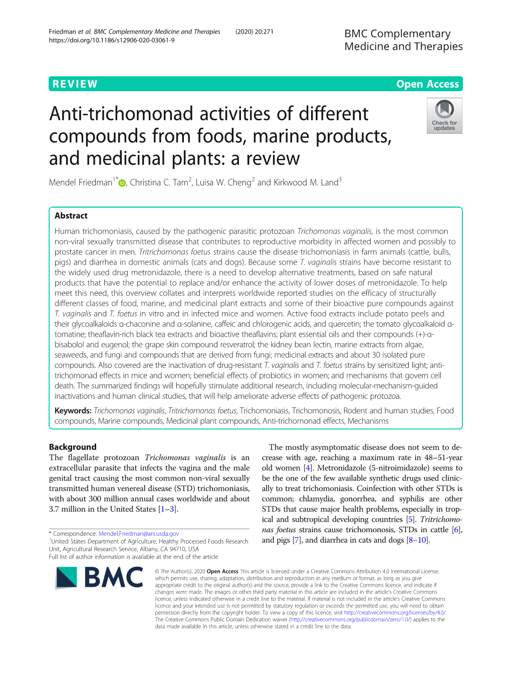 Anti-Trichomonad Activities of Different Compounds from Foods, Marine Products, and Medicinal Plants: a Review Mendel Friedman1* , Christina C