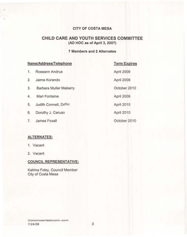 CHILD CARE and YOUTH SERVICES COMMITTEE (AD HOC As of April 3, 2007)
