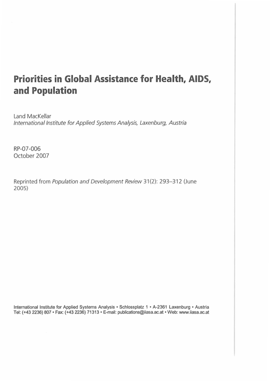 Priorities in Global Assistance for Health, AIDS, and Population