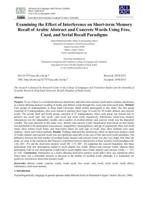 Examining the Effect of Interference on Short-Term Memory Recall of Arabic Abstract and Concrete Words Using Free, Cued, and Serial Recall Paradigms