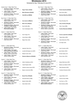 Wimbledon 2013 Schedule for Day 1 Monday 24 June 2013