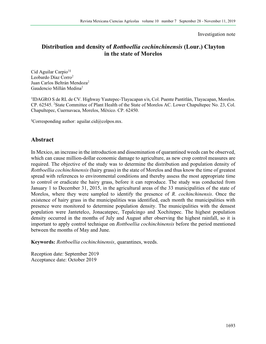 Distribution and Density of Rottboellia Cochinchinensis (Lour.) Clayton in the State of Morelos