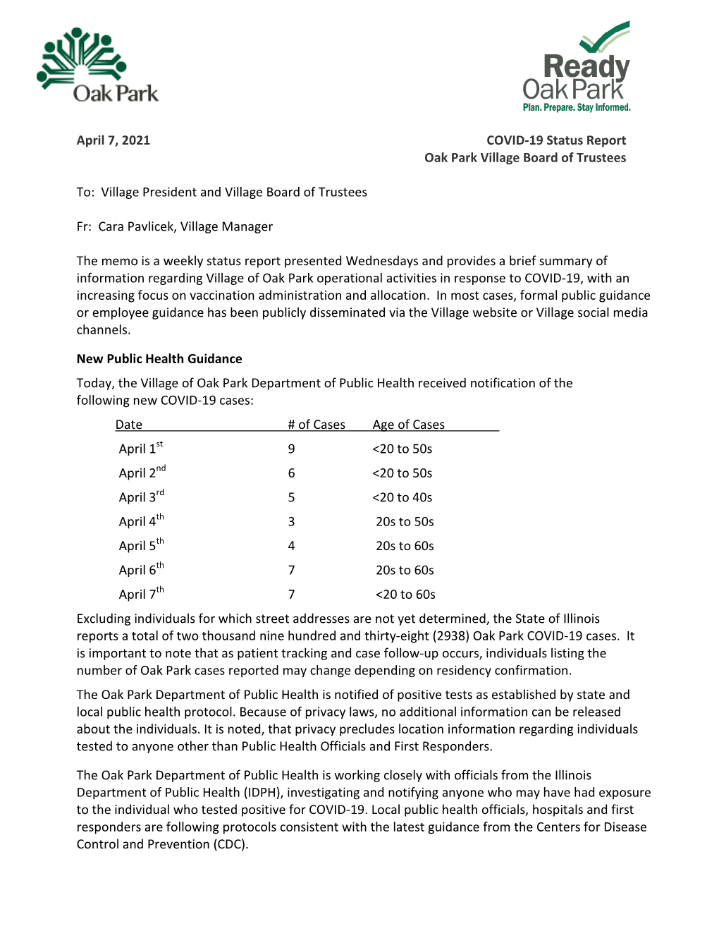 April 7, 2021 COVID-19 Status Report Oak Park Village Board of Trustees To