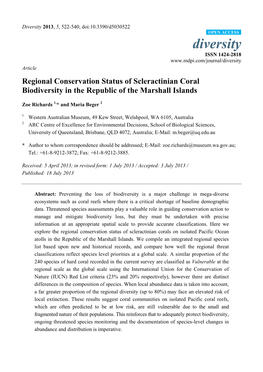Regional Conservation Status of Scleractinian Coral Biodiversity in the Republic of the Marshall Islands