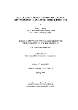 Bioaccumulation Potential of Organic Contaminants in an Arctic Marine Food Web