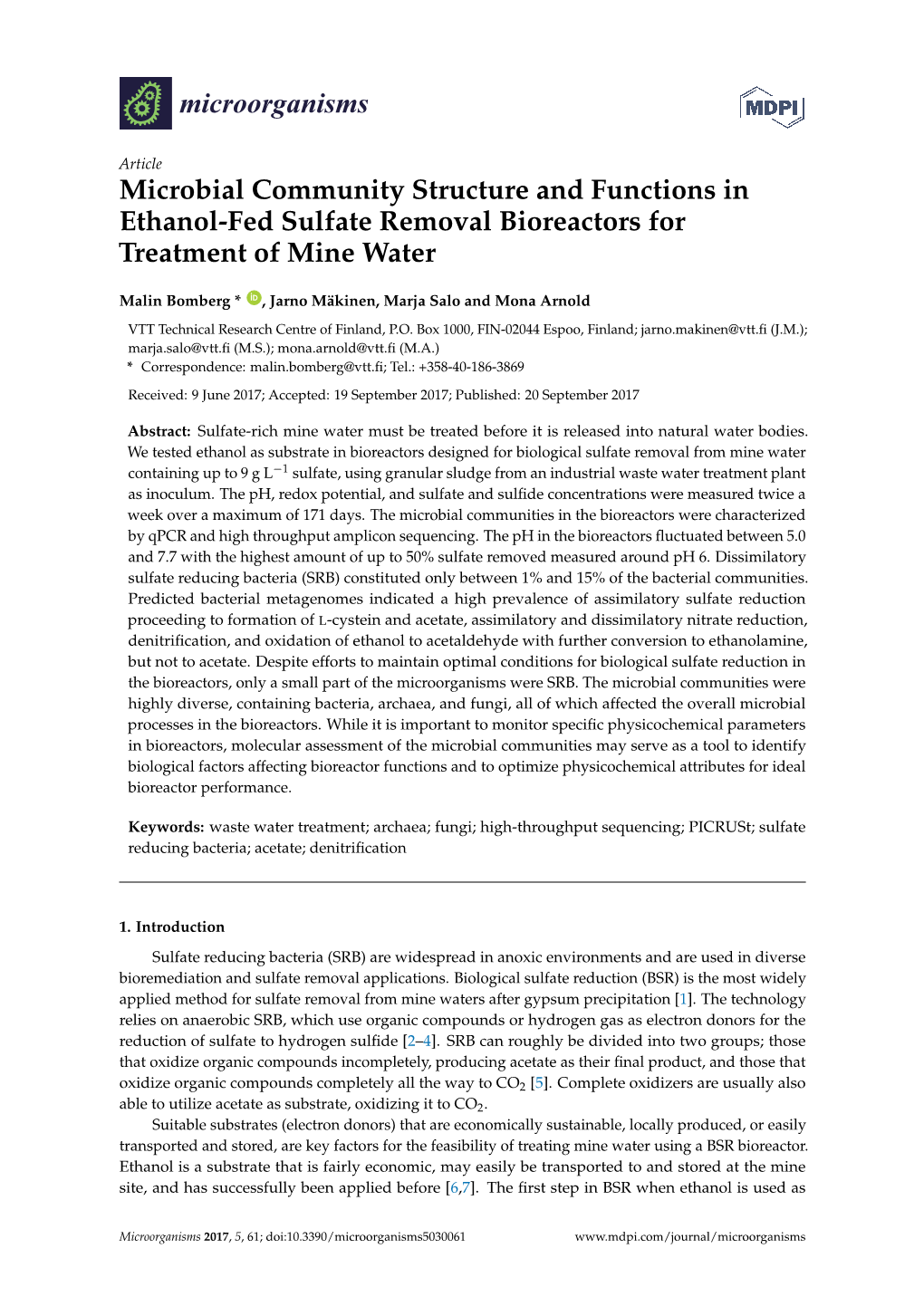 Microbial Community Structure and Functions in Ethanol-Fed Sulfate Removal Bioreactors for Treatment of Mine Water