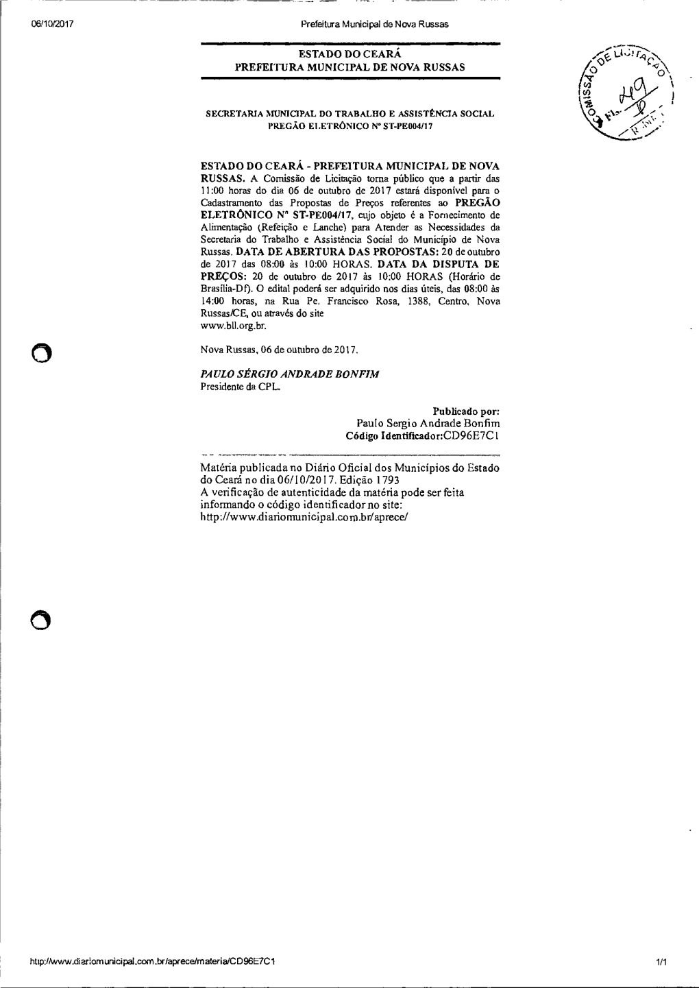 (O 06110/2017 ESTADO DO CEARÁ PREFEITURA MUNICIPAL DE NOVA RUSSAS ESTADO DO CEARÁ