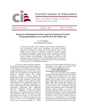 Progressive Educational Practices and Environments in Sweden: Preparing Students to Live and Work in the Global Age