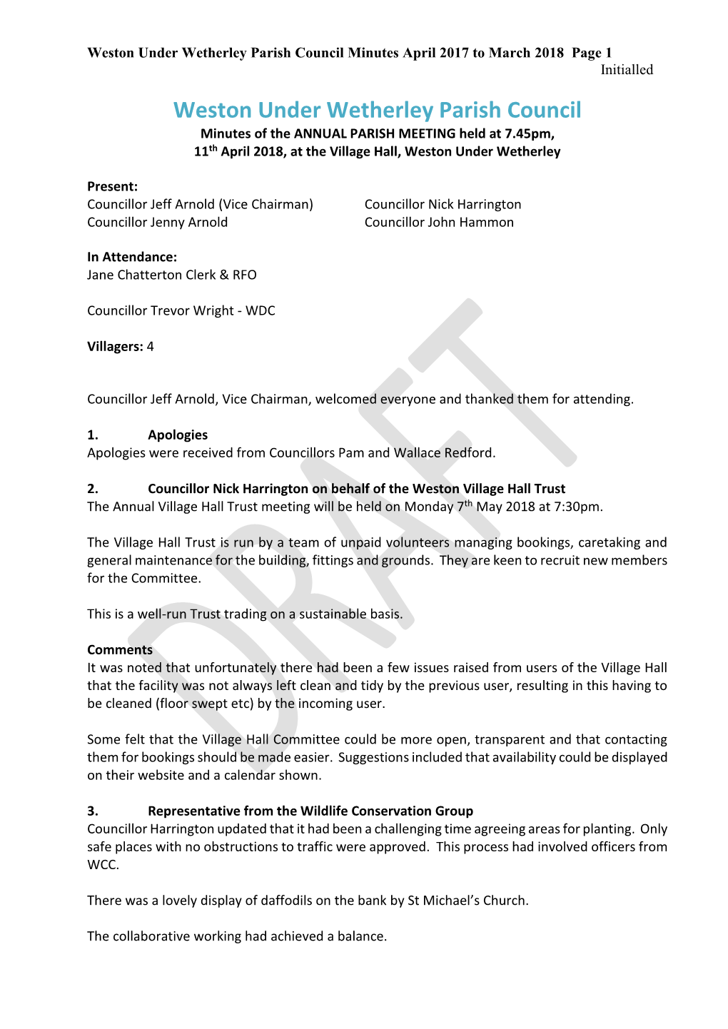 Weston Under Wetherley Parish Council Minutes April 2017 to March 2018 Page 1 Initialled