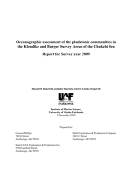 Oceanographic Assessment of the Planktonic Communities in the Klondike and Burger Survey Areas of the Chukchi Sea Report for Survey Year 2009