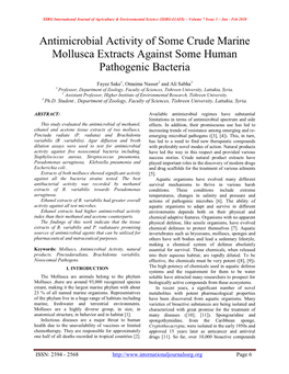 Antimicrobial Activity of Some Crude Marine Mollusca Extracts Against Some Human Pathogenic Bacteria