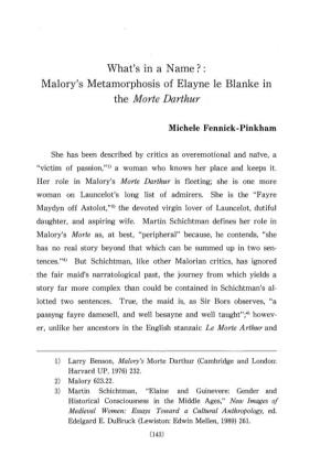 Malory's Metamorphosis of Elayne Le Blanke in Michele Fennick-Pinkham