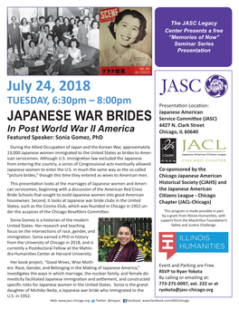 July 24, 2018 TUESDAY, 6:30Pm – 8:00Pm JAPANESE WAR BRIDES