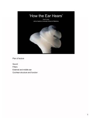 Plan of Lecture Sound Filters External and Middle Ear Cochlear Structure