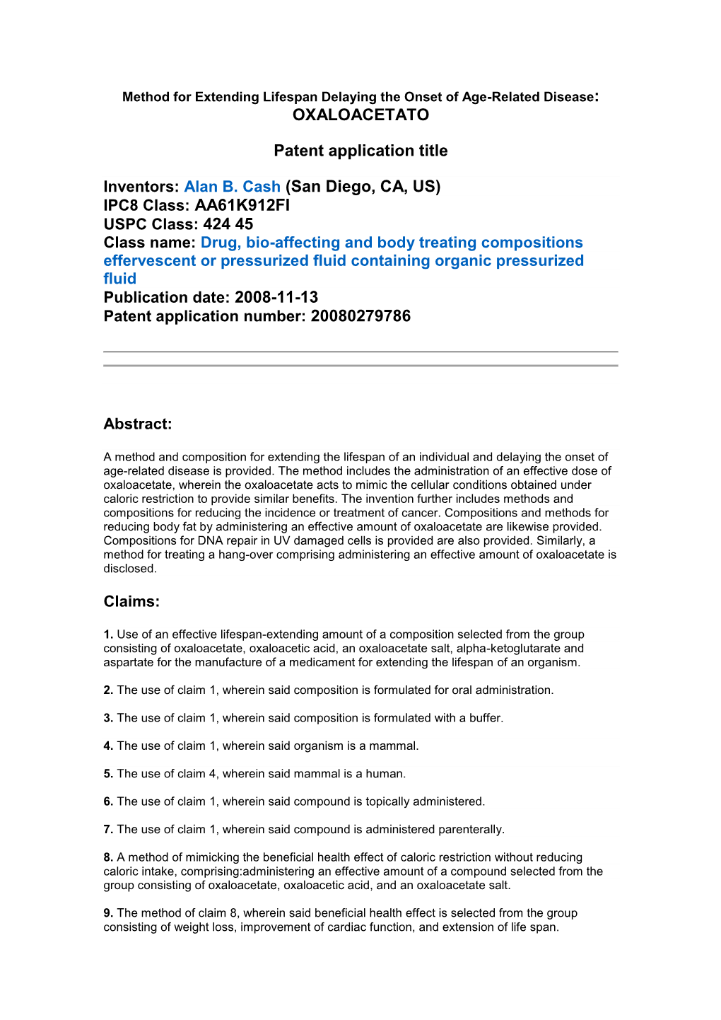 OXALOACETATO Patent Application Title Inventors