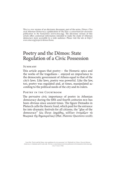 Poetry and the Dēmos: State Regulation of a Civic Possession