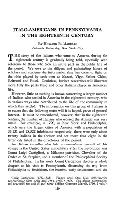 Italo-Americans in Pennsylvania in the Eighteenth Century