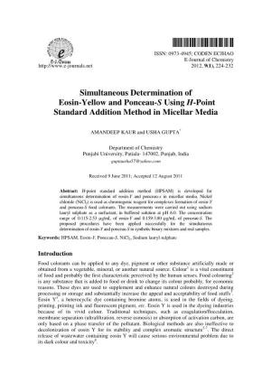 Simultaneous Determination of Eosin-Yellow and Ponceau-S Using H-Point Standard Addition Method in Micellar Media