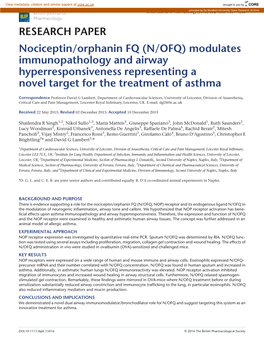 Nociceptin/Orphanin FQ (N/OFQ) Modulates Immunopathology and Airway Hyperresponsiveness Representing a Novel Target for the Treatment of Asthma