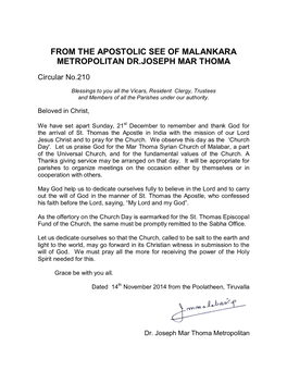 From the Apostolic See of Malankara Metropolitan Dr.Joseph Mar Thoma