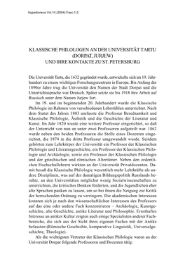 Klassische Philologen an Der Universität Tartu (Dorpat, Jurjew) Und Ihre Kontakte Zu St. Petersburg