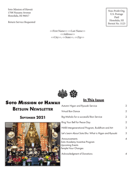 Soto Mission of Hawaii Betsuin Newsletter in This Issue