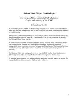 Littleton Bible Chapel Position Paper Covering and Uncovering of The