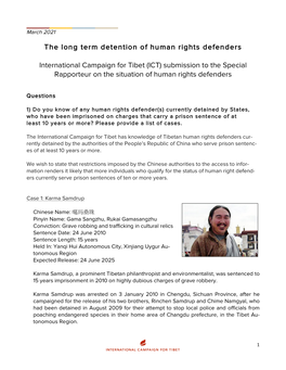 International Campaign for Tibet (ICT) Submission to the Special Rapporteur on the Situation of Human Rights Defenders