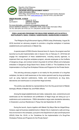 Pdea Launches Program for Drug-Free Workplace in Hotels, Restaurants, Bars, Condos, Subdivisions, Warehouses in Makati