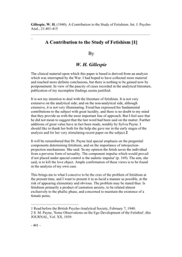 A Contribution to the Study of Fetishism [1] by W. H. Gillespie