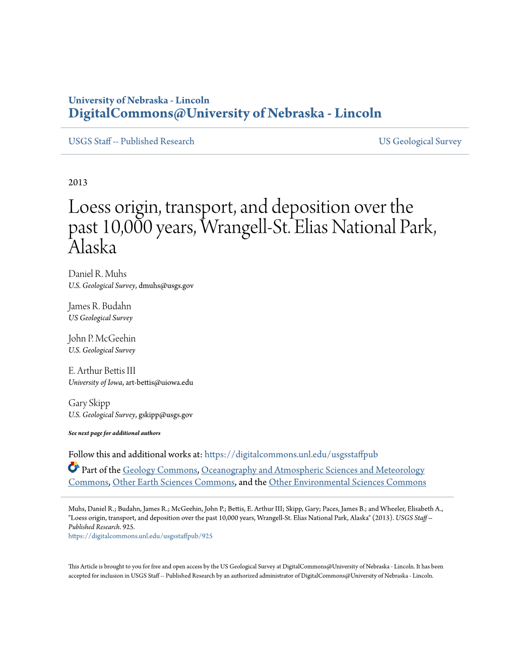 Loess Origin, Transport, and Deposition Over the Past 10,000 Years, Wrangell-St