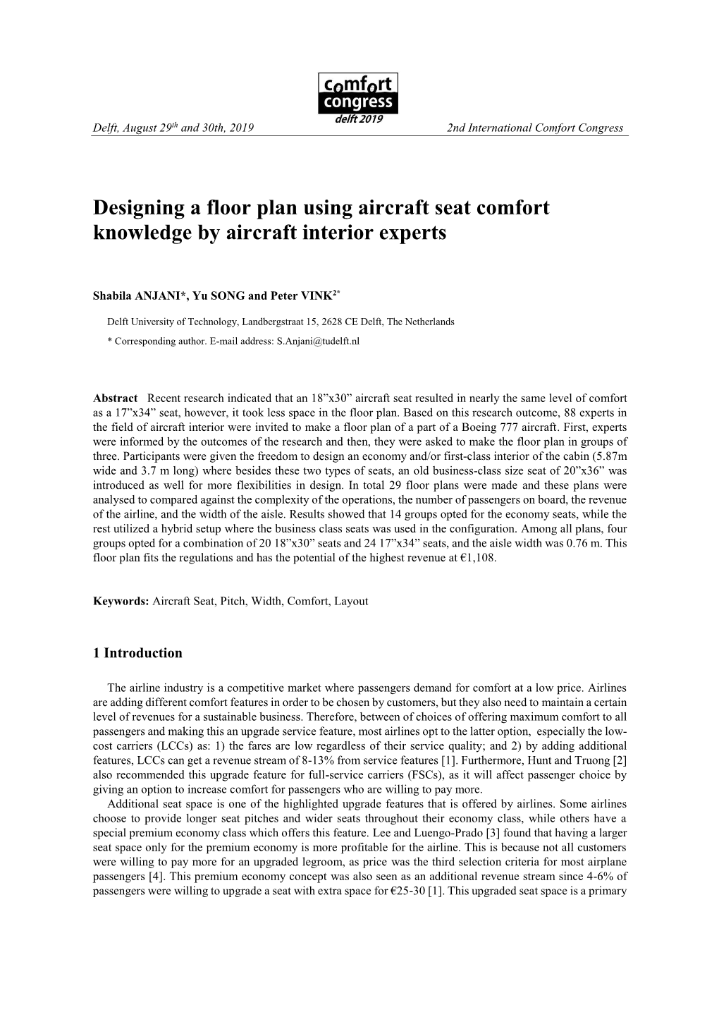 Designing a Floor Plan Using Aircraft Seat Comfort Knowledge by Aircraft Interior Experts