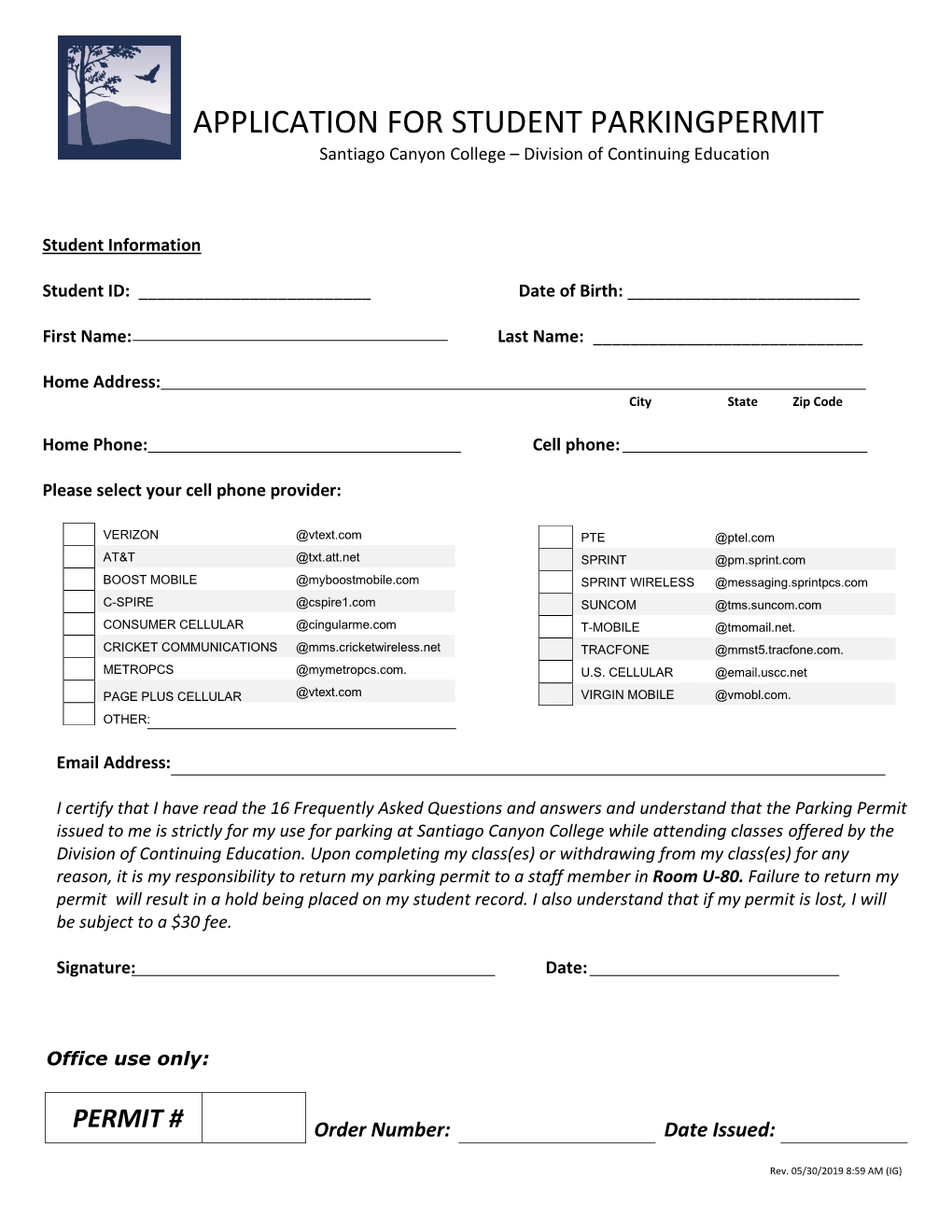 Application for Student Parking Permit