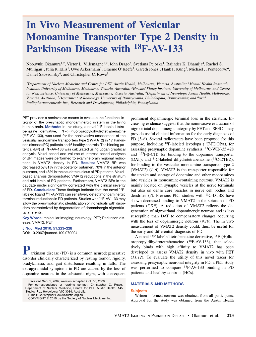 In Vivo Measurement of Vesicular Monoamine Transporter Type 2 Density in Parkinson Disease with 18F-AV-133