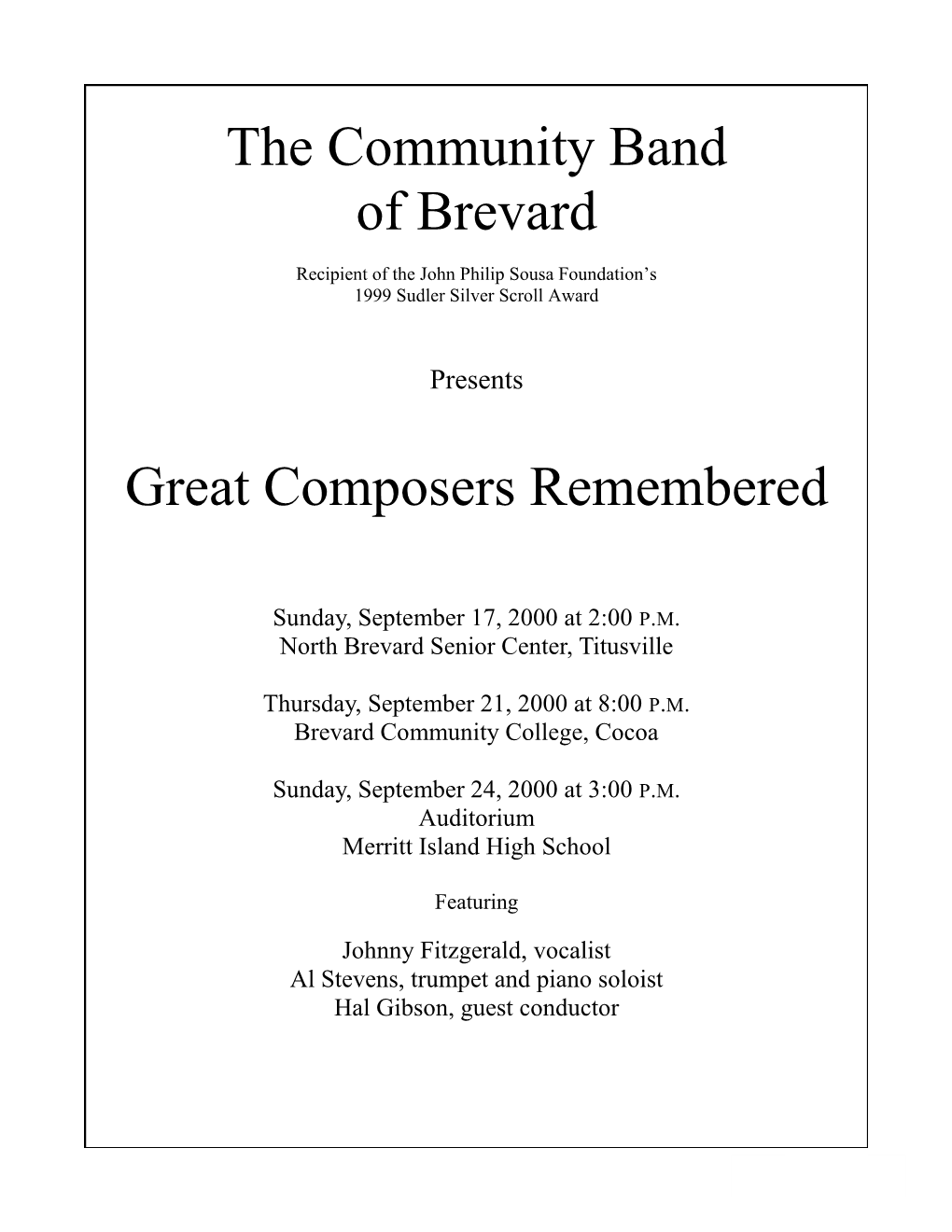 The Community Band of Brevard Great Composers Remembered