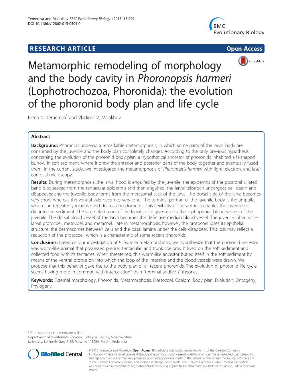 Lophotrochozoa, Phoronida): the Evolution of the Phoronid Body Plan and Life Cycle Elena N