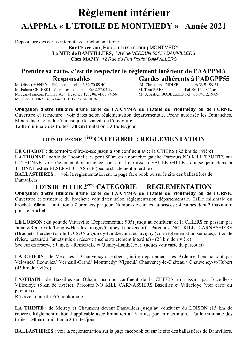 Règlement Intérieur AAPPMA « L’ETOILE DE MONTMEDY » Année 2021