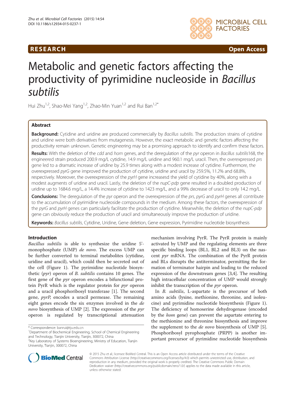 Metabolic and Genetic Factors Affecting the Productivity of Pyrimidine Nucleoside in Bacillus Subtilis