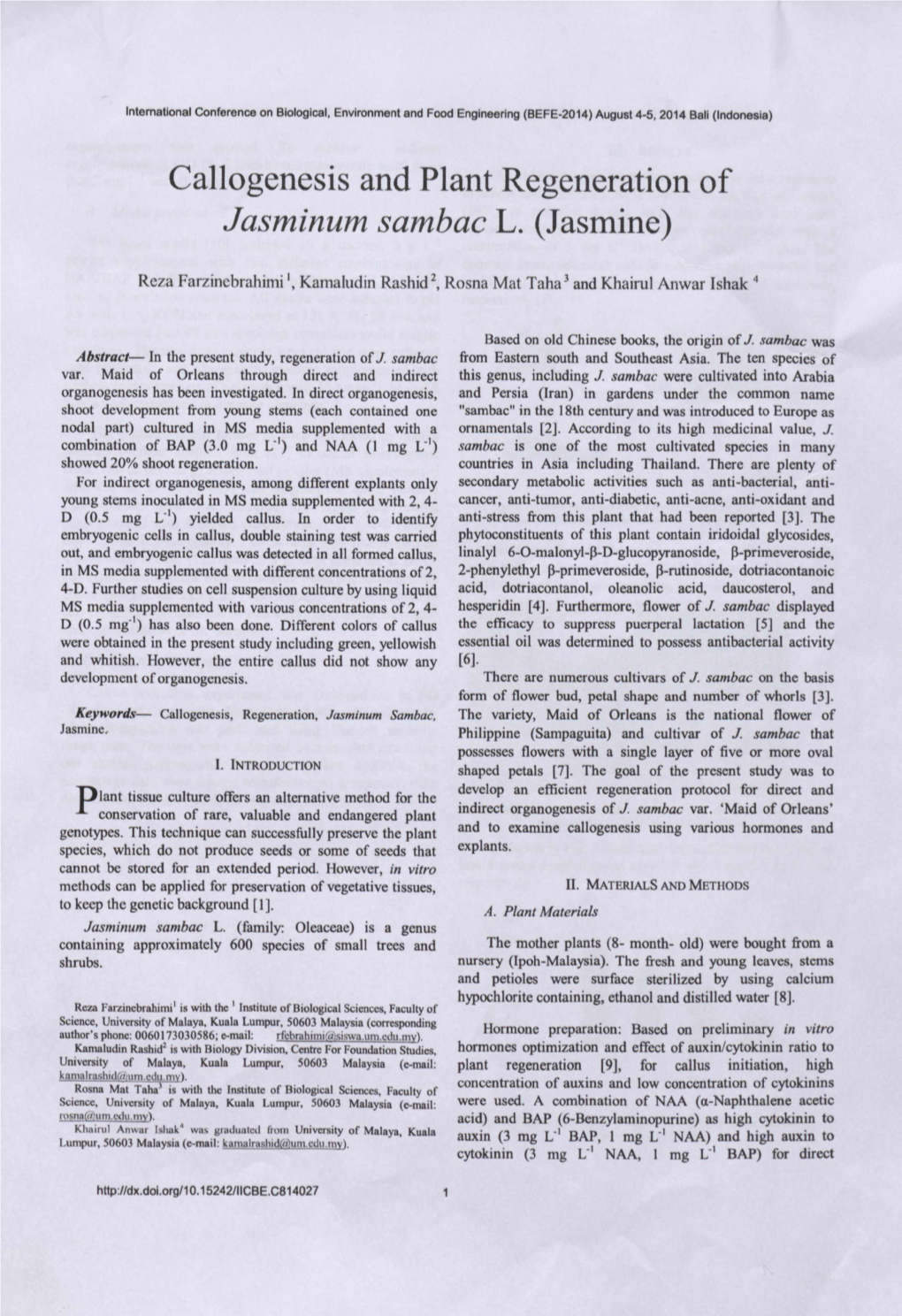 Callogenesis and Plant Regeneration of Jasminum Sambac L