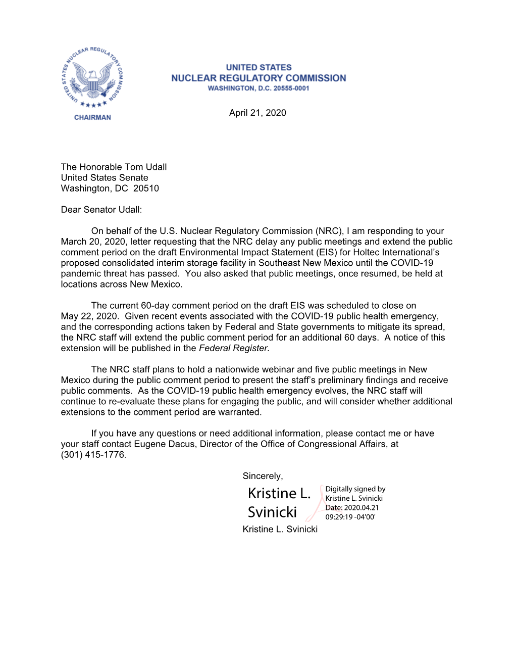 Letter to the Honorable Tom Udall, Et