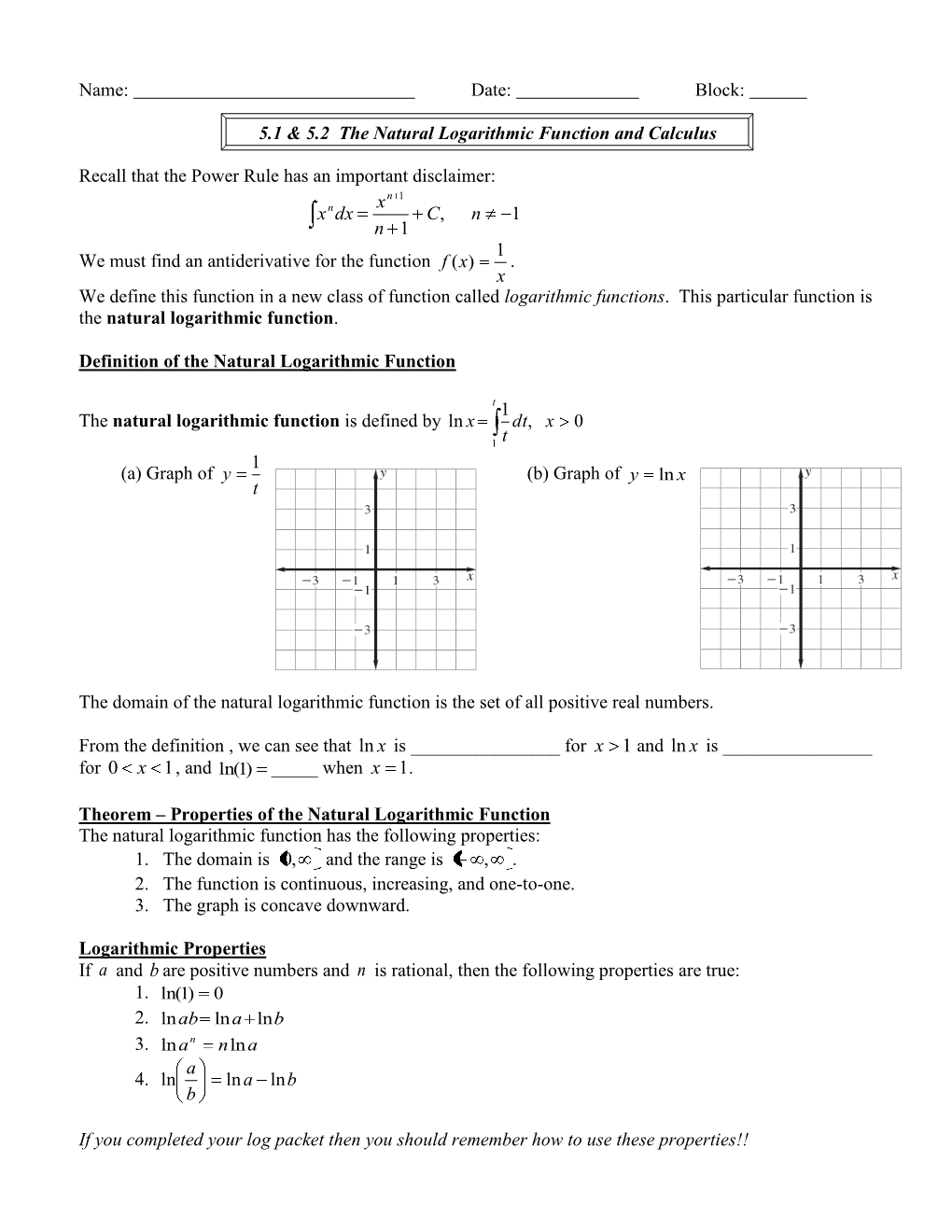 Date: Block: 5.1 & 5.2 the Natural Logarithmic Function and Calculus